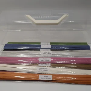 Assorted packs of 120 GSM midweight quilling paper strips in matte and pearl finishes with bonus vellum paper and plastic carrying case